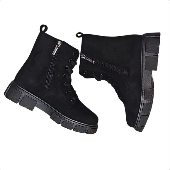 Shoes - Black Chunky Platform Lace-Up Ankle Boots With Side Zipper Faux Suede Material W